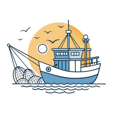 Sabahın erken saatlerinde balık dolu ağları çeken balıkçı teknesi. Suyun üzerinde sakin ve üretken bir atmosfer yaratmak. Yapay zeka üretildi. Vektör simgesi