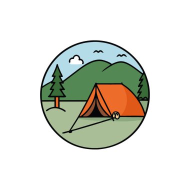 Etrafı yemyeşil ağaçlarla çevrili sakin bir gölün yanında turuncu bir çadırla yakın çekim oltası. Yapay zekanın ürettiği doğa meraklıları için mükemmel. Vektör simgesi