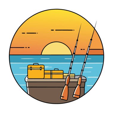 Altın saat boyunca sakin suların yakınında manzaralı bir gölde sarı bir olta kutusuyla bir balıkçı teknesinde dinlenen oltalar. Yapay zeka üretildi. Vektör simgesi