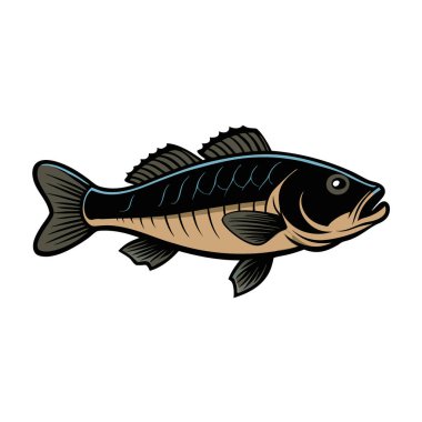 Güneşli bir günde sakin bir göl ortamında açık tatlı suda yüzen yetişkin bir siyah levreğin detaylı bir görüntüsü. Yapay zeka üretildi. Vektör simgesi