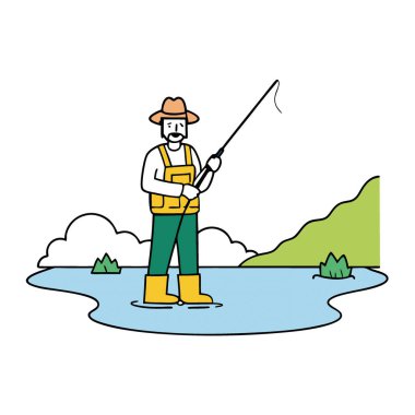 Bir balıkçı sakin bir öğleden sonra avlanmak için sabırla beklerken yağmurluk giyip huzurlu bir nehirde duruyor. Yapay zeka üretildi. Vektör simgesi