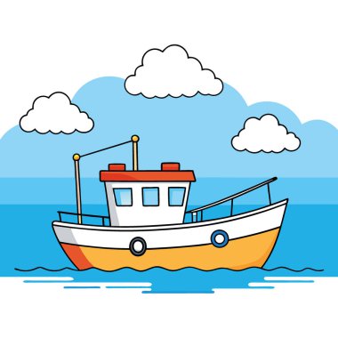 Küçük bir balıkçı teknesi, sakin bir denizde, parlak mavi bir gökyüzünün altında, arka planda tüylü beyaz bulutlarla huzur içinde yüzüyor. Yapay zeka üretildi. Vektör simgesi