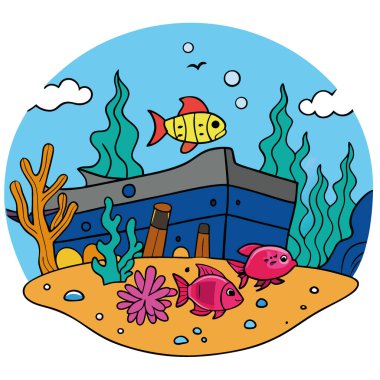 Batık bir geminin kalıntıları arasında yüzen renkli mercan resifleri ve tropikal balıkların yer aldığı canlı bir sualtı sahnesi yapay zeka üretti. Vektör simgesi