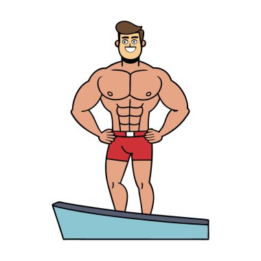 Okyanus Araştırmaları Gezisi 'nde yakışıklı kaslı deniz biyoloğu dar Burgundy Speedo kısa mayo giyiyor. Yapay zeka üretildi. Vektör simgesi