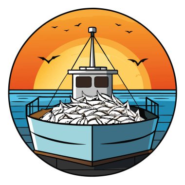 Gün batımında dramatik bir gökyüzüne karşı taze balıklarla dolu bir balıkçı teknesi. Yapay zekanın yarattığı deniz yaşamının güzelliğini gözler önüne seriyor. Vektör simgesi