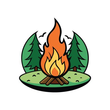 Siyah bir ateş çukurunda parlayan canlı bir kamp ateşi. Doğayla iç içe. Yapay zekanın oluşturduğu kamp ve açık hava toplantıları için mükemmel. Vektör simgesi