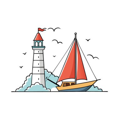 Deniz fenerinin yakınında süzülen zarif bir yelkenli. Bir sahil sahnesinde martılarla çevrili. Yapay zekanın oluşturduğu deniz temalı projeler için mükemmel. Vektör simgesi