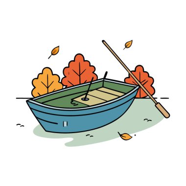 Sakin bir sonbahar balıkçılık sahnesi. İki olta, sakin bir kanalda yıpranmış bir deniz mavisi teknesinde dinleniyor. Sonbahar yapraklarıyla çevrili yapay zeka üretildi. Vektör simgesi