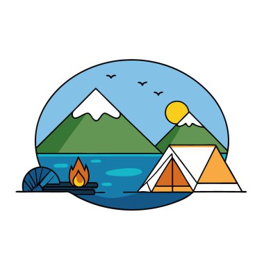 Sakin gölün yanındaki kamp ateşinin yanında iki çadır duruyor. Parlak bir dolunayın ve renkli bir günbatımı gökyüzünün altında yüzen bir tekne. Yapay zeka üretildi. Vektör simgesi