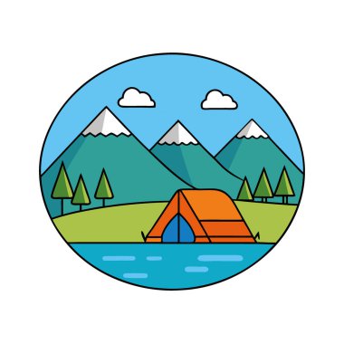 Nehir kenarında huzurlu bir kamp yeri. Göz kamaştırıcı bir dağ zeminine ve sakin sulara kurulmuş canlı bir çadır yapay zeka tarafından oluşturuldu. Vektör simgesi