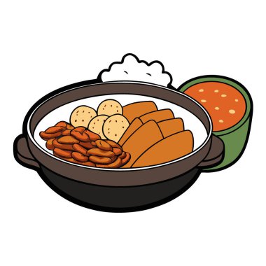 Tavada kızartılmış işkembe, baharatlı domuz eti mayalanmış soya fasulyesi ezmesi kimchi güveci Kore mutfağı klasik yemekler. Yapay zeka üretildi. Vektör simgesi