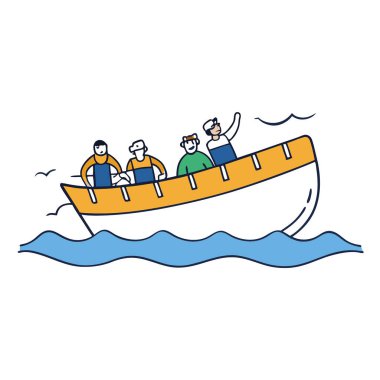 Yolcularla dolu bir teknenin tasviri. Dalgalı suda yol alıyoruz. Yapay zekanın yarattığı macera ve deniz yaşamını aktarmak. Vektör simgesi