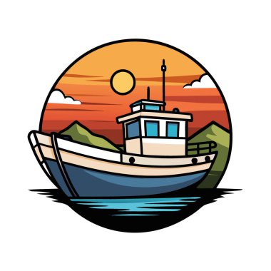 Huzurlu Balıkçı Teknesi Sunset 'te sakin sular ve arka planda manzarayla demirli. Doğa ve macera teması için ideal. Yapay zeka üretildi. Vektör simgesi