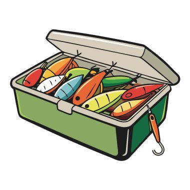 Renkli balık yemleriyle dolup taşan eski bir alet çantasının yakın plan çekimi. Karmaşık detaylarını ve yapay zekanın yarattığı çeşitliliği gösteriyor. Vektör simgesi