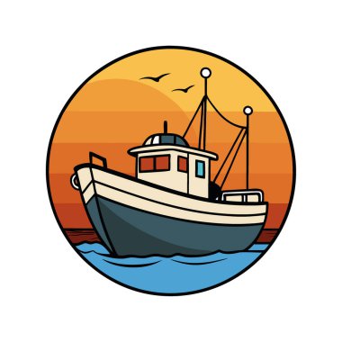 Balıkçı teknesi limana dönüyor. Güneş arka planda batarken limana giden bir balıkçı teknesinin tasviri yapay zeka tarafından oluşturuldu. Vektör simgesi
