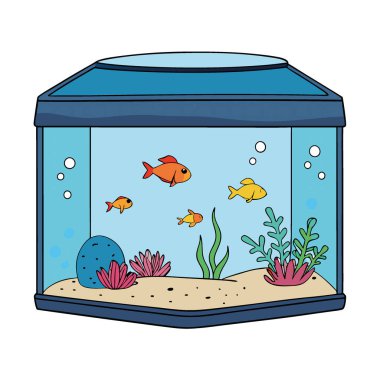 Çok çeşitli deniz canlıları olan büyük cam bir akvaryum. Parlak balıklar da dahil. Mercanlar. Yumuşak ışıkla aydınlatılan deniz bitkileri yapay zeka oluşturur. Vektör simgesi