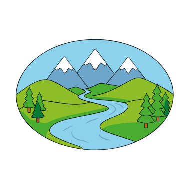 Dağlarla çevrili huzurlu bir vadi. Yeşillik içinde kıvrılan bir nehirle. Yapay zekanın yarattığı sakin ve manzaralı bir ortam yaratmak. Vektör simgesi