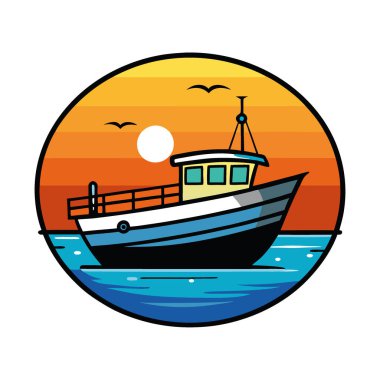Gün batımında kıyıya dönen balıkçı teknesi canlı renkler sakin sulara, sakin manzaraya sakin kıyı manzarasına yansıdı. Yapay zeka üretildi. Vektör simgesi