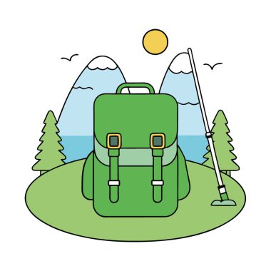 Yeşil bir sırt çantası ve sakin bir nehir kıyısında dinlenen olta kamışı. yemyeşil ağaçlarla çevrili. Yapay zekanın yarattığı doğanın tadını çıkarmaları için açık hava meraklılarını davet etmek. Vektör simgesi
