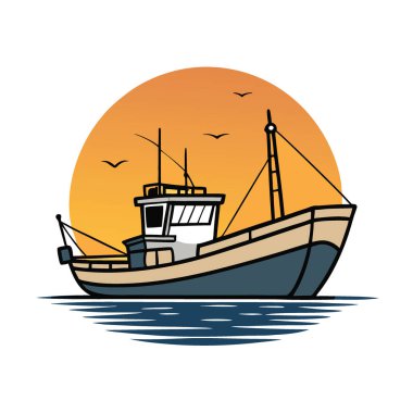 Güneş batarken bir balıkçı teknesi suyun üzerinde huzur içinde dinleniyor. Altın yansımaları sergiliyor ve sakin çevreyi vurguluyor. - Evet. Yapay zeka üretildi. Vektör simgesi