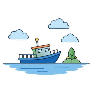 Sakin bir gökyüzünün altında küçük bir adanın yanında dinlenen mavi bir balıkçı teknesinin olduğu sakin bir sahne. Yapay zekanın yarattığı doğa ve seyahat temaları için mükemmel. Vektör simgesi