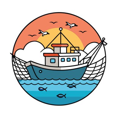 Sabahın erken saatlerinde balık dolu ağları çeken balıkçı teknesi. Sergilenen canlı renkler, dingin okyanus zeminine karşı. Yapay zeka üretildi. Vektör simgesi