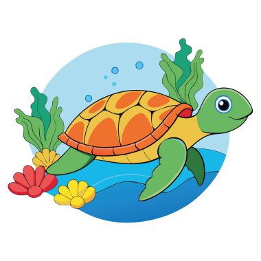 Renkli bir deniz kaplumbağası hiç çaba harcamadan parlak bir şekilde süzülür. Tropikal resifin sıcak suları. Mercan oluşumları ve deniz yaşamlarıyla çevrili. Yapay zeka üretildi. Vektör simgesi