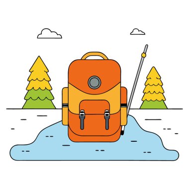 Parlak Turuncu Balıkçılık Sırt Çantası ve Rod, Sandy Riverbank 'te Ağaçlarla çevrili. Açık Hava Maceraları ve Balıkçılık Gezileri için ideal. Yapay zeka üretildi. Vektör simgesi