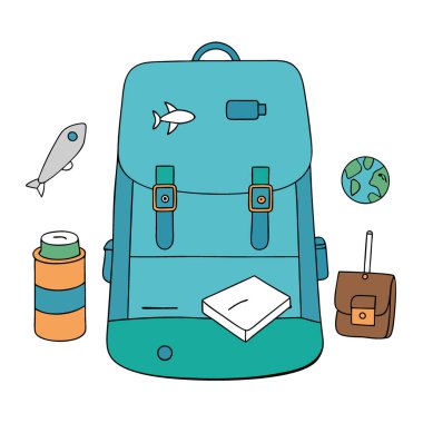 Balık desenli bir deniz mavisi sırt çantası seyahat gereksinimleriyle çevrili ahşap bir masanın üzerinde yatar. Harita da dahil. Bir su şişesi. ve bir cüzdan.. yapay zeka üretildi. Vektör simgesi