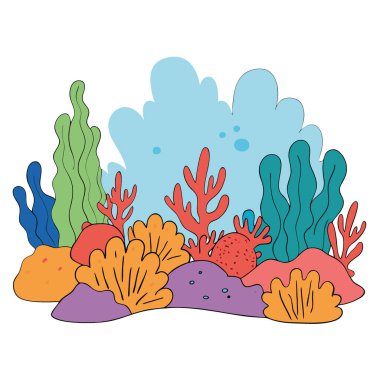 Renkli mercan oluşumları, okyanus yüzeyinin altında hassas dokular ve detaylar gösterir. Nefes kesici bir sualtı manzarası yaratıyor. Yapay zeka üretildi. Vektör simgesi