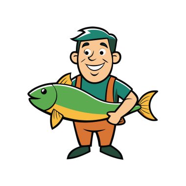 Büyük balığı tutan adam. Gururla gülümsüyor. Arka plandaki su başarılı bir balıkçılık gezisi olduğunu gösteriyor. Başarı ve sevinç ifadeleri yapay zekanın oluşturduğu aşikar. Vektör simgesi