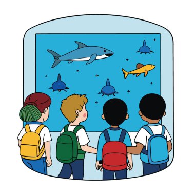 Yapay zeka tarafından oluşturulan bir gezi sırasında bir akvaryumda köpekbalıklarını ve diğer deniz yaşamını izleyen sırt çantaları takan bir grup okul çocuğunun fotoğrafı. Vektör simgesi