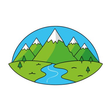 Görkemli dağ zirveleri arasına kurulmuş yeşil bir vadi. Akıp giden bir ırmak... Yapay zekanın yarattığı doğal manzaranın güzelliğini yakalamak. Vektör simgesi