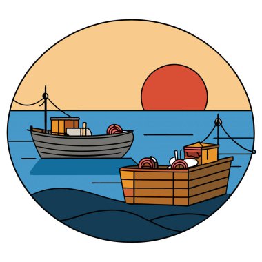 Taze Yakalanmış Istakoz Tuzakları ve Suyun Altındaki Sim Light of Sunset 'in altındaki sepetlerle donatılmış Balıkçı Teknelerinin Huzurlu Akşamı Sahnesi. Yapay zeka üretildi. Vektör simgesi