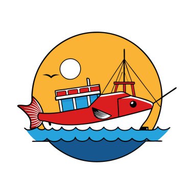 Renkli bir balıkçı teknesi büyük bir levrek balığı yakalar. Parlak güneşin altında parlayan ve arka planda uzanan uçsuz bucaksız okyanus. Yapay zeka üretildi. Vektör simgesi