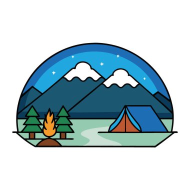 Alacakaranlıkta sakin bir kamp sahnesi. Huzurlu bir gölün yanında parlayan bir kamp ateşi olan bir çadır. Yoğun orman ve uzak dağlarla çevrili yapay zeka üretildi. Vektör simgesi