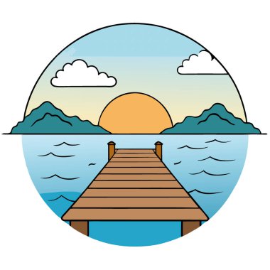 Şafakta sakin bir göle uzanan küçük tahta bir iskele. Sudan yükselen sis ve güneş ışığının ilk ışıklarıyla manzara yapay zekayla resmedildi. Vektör simgesi