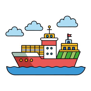 Dramatik Bulutlu Gökyüzünün Altındaki Sakin Okyanus Suları 'nda Seyir halindeki Parlak Renkli İkmal Gemisi. Denizcilik Ulaşım Hareketi gösteriliyor. Yapay zeka üretildi. Vektör simgesi