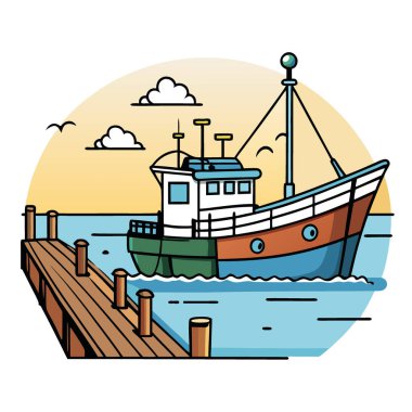 Rıhtımda bir balıkçı teknesi. Açık yakalamayı beklet. Huzurlu liman sahnesi. Tekneler yavaşça sallanıyor. Güneş ışığı suyun üzerinde parlıyor. Deniz sükuneti. Yapay zeka üretildi. Vektör simgesi