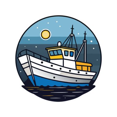 Deniz aşırı balıkçı teknesi. Karanlık Okyanus. Yıldızlı Gökyüzü. Balıkçı teknesi. Gece Denizi. Dramatik Işıklandırma. Okyanus balıkçılığı. Gece balıkçılığı. Denizde tekne. Yapay zeka üretildi. Vektör simgesi