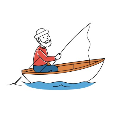 Olgun bir adam huzur içinde huzurlu bir gölde bir teknede oturuyor. Balık tutmaktan zevk alıyorum. Adam yapay zekanın yarattığı sakin sularda yol alırken rahatlamış görünüyor. Vektör simgesi