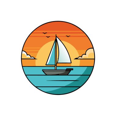 Gün batımında sakin bir yelken sahnesi. Görkemli bir yelkenli sakin sularda süzülüyor. Canlı renkler gökyüzünü dolduruyor. Doğa aşıkları ve gezginleri için mükemmel. - Evet. Yapay zeka üretildi. Vektör simgesi