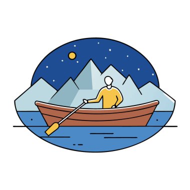 Bir adam basit bir ahşap tekneyi gece sakin bir dağ gölünde yüzdürür. Yıldızlı gökyüzünü ve huzurlu manzarayı yansıtan sakin sularla çevrili. Yapay zeka üretildi. Vektör simgesi