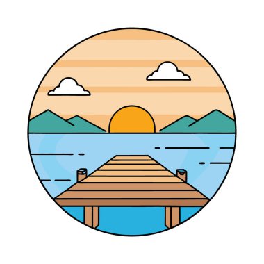 Sunrise 'daki Huzurlu Tekne İskelesi Yansımalarla. Rahatlama ve Açık Hava Maceraları İçin Doğal ve Su Sanatının Huzurlu Sahnesi. Yapay zeka üretildi. Vektör simgesi