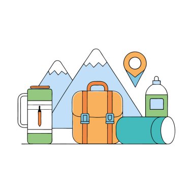 Temel macera teçhizatı, doğa gezisi gereksinimlerini içeren aile tatili keşiflerini sergiliyor. Toplanıyorum. Sırt çantası. Çadır. Su. Şişe. Harita. Yapay zeka üretildi. Vektör simgesi