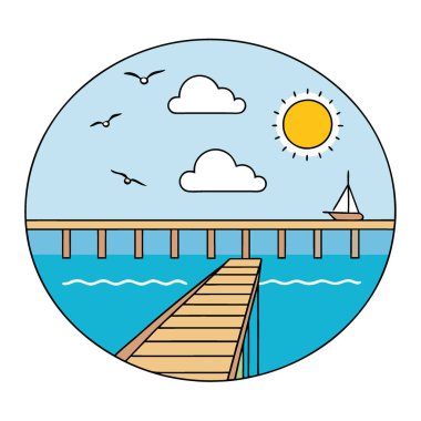 Körfez kıyısında güneşli bir gün. Uzun bir gökyüzü köprüsü balıkçı iskelesi turkuaz okyanusa doğru uzanıyor. Etrafı uçan yelkenli ve martılarla çevrili yapay zeka tarafından oluşturulmuş. Vektör simgesi