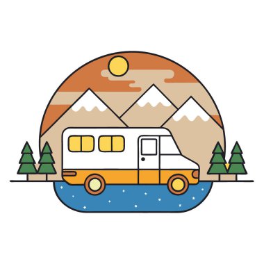 Huzurlu bir gölün yanında huzur içinde bir karavan duruyor. Ilık ışıklarla aydınlatılmış. Etrafındaki ağaçlar ve dağlar yapay zekanın yarattığı huzurlu bir alacakaranlık atmosferi yaratıyor. Vektör simgesi