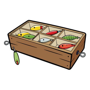 Çeşitli balık yemleriyle dolu klasik ahşap bir kutu. Çeşitli renkler ve tasarımlar sergiliyor. Açık hava meraklıları ve koleksiyoncular için mükemmel. Yapay zeka üretildi. Vektör simgesi