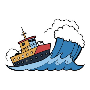 Bir kargo ya da balıkçı gemisi şiddetli bir fırtınaya yakalanır. Büyük dalgalar üzerinde bir gemi. Gemi enkazı tehdidi. Okyanustaki element. Bir denizcinin sıkı çalışması yapay zekayı oluşturdu. Vektör simgesi