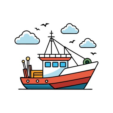 Renkli bir balıkçı teknesi sakin sularda yüzer. Bulutlar ve deniz kuşlarıyla çevrili. Balık tutmaya hazırım. Yapay zekanın ürettiği trolle avlanmanın özelleştirilebilir düz çizimi. Vektör simgesi